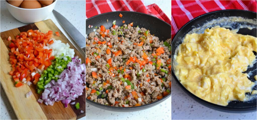browning the pork sausage. Halfway through the browning process, add the chopped onions, peppers, and minced jalapenos. Cook until the sausage is browned and the vegetables are soft. Plate the cooked sausage and vegetables. Scramble the eggs. 
