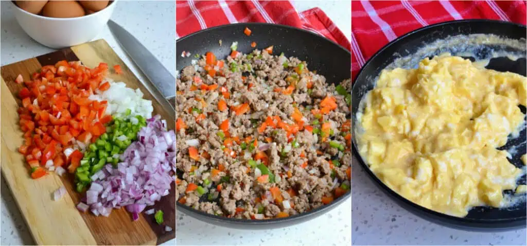 browning the pork sausage. Halfway through the browning process, add the chopped onions, peppers, and minced jalapenos. Cook until the sausage is browned and the vegetables are soft. Plate the cooked sausage and vegetables. Scramble the eggs. 