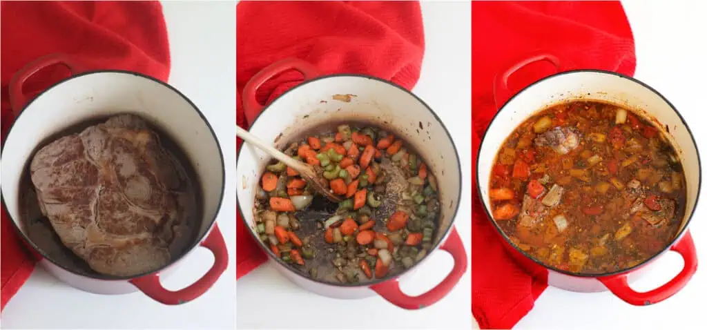 The steps to making beef barley soup. Brown the chuck roast. Saute the vegetables and herbs. Simmer everything in beef broth. 