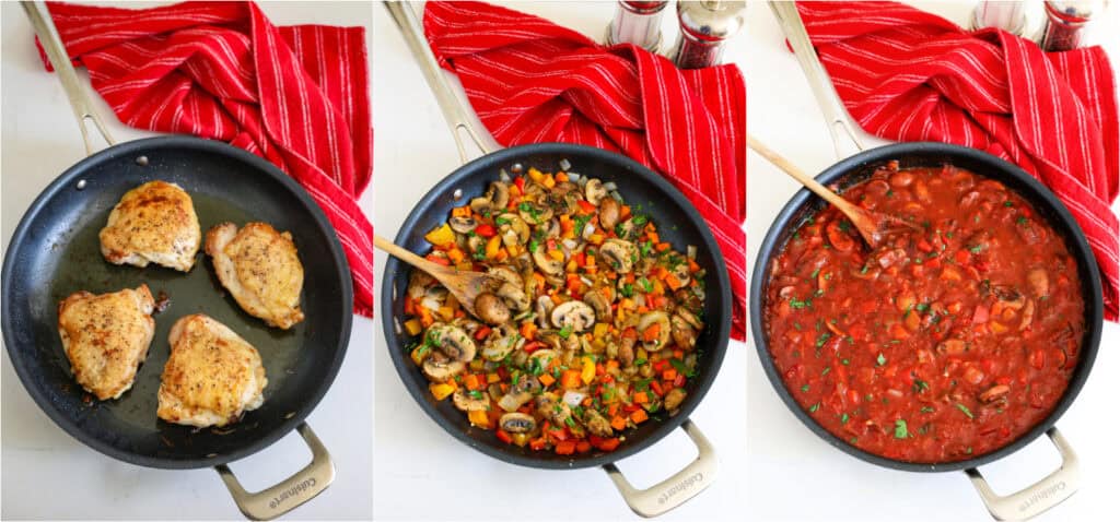 The steps for making chicken cacciatore. Brown the chicken, cook the vegetables, and make the sauce.