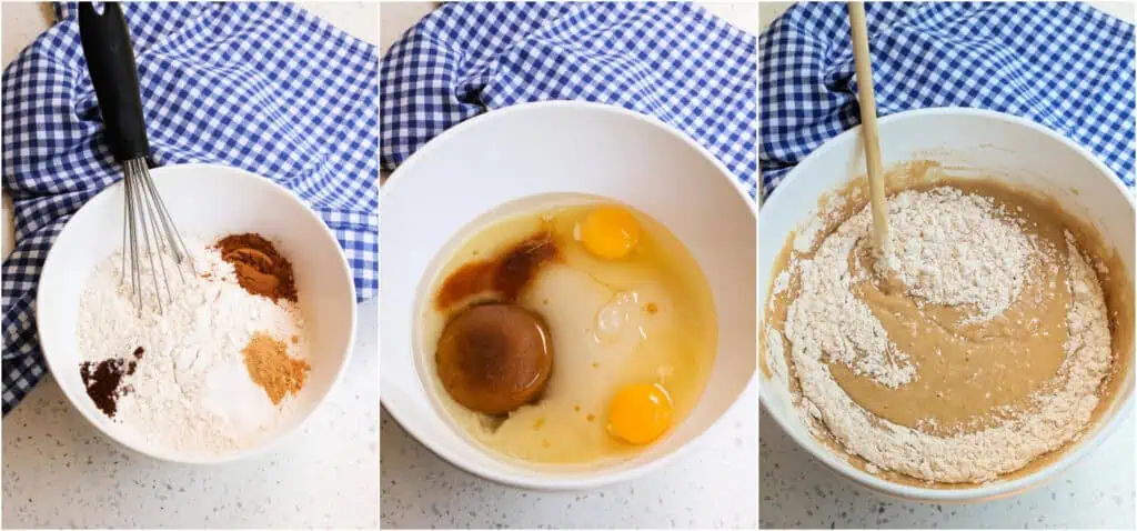Some of the steps to making applesauce cake. Whisk the flour, baking powder, baking soda, salt, ground cinnamon, ginger, nutmeg, and cloves in a medium bowl. In a large mixing bowl, combine the applesauce, eggs, vegetable oil, sugar, brown sugar, and vanilla extract. Now, add the dry ingredients to the wet ingredients in several increments, mixing just until combined. 