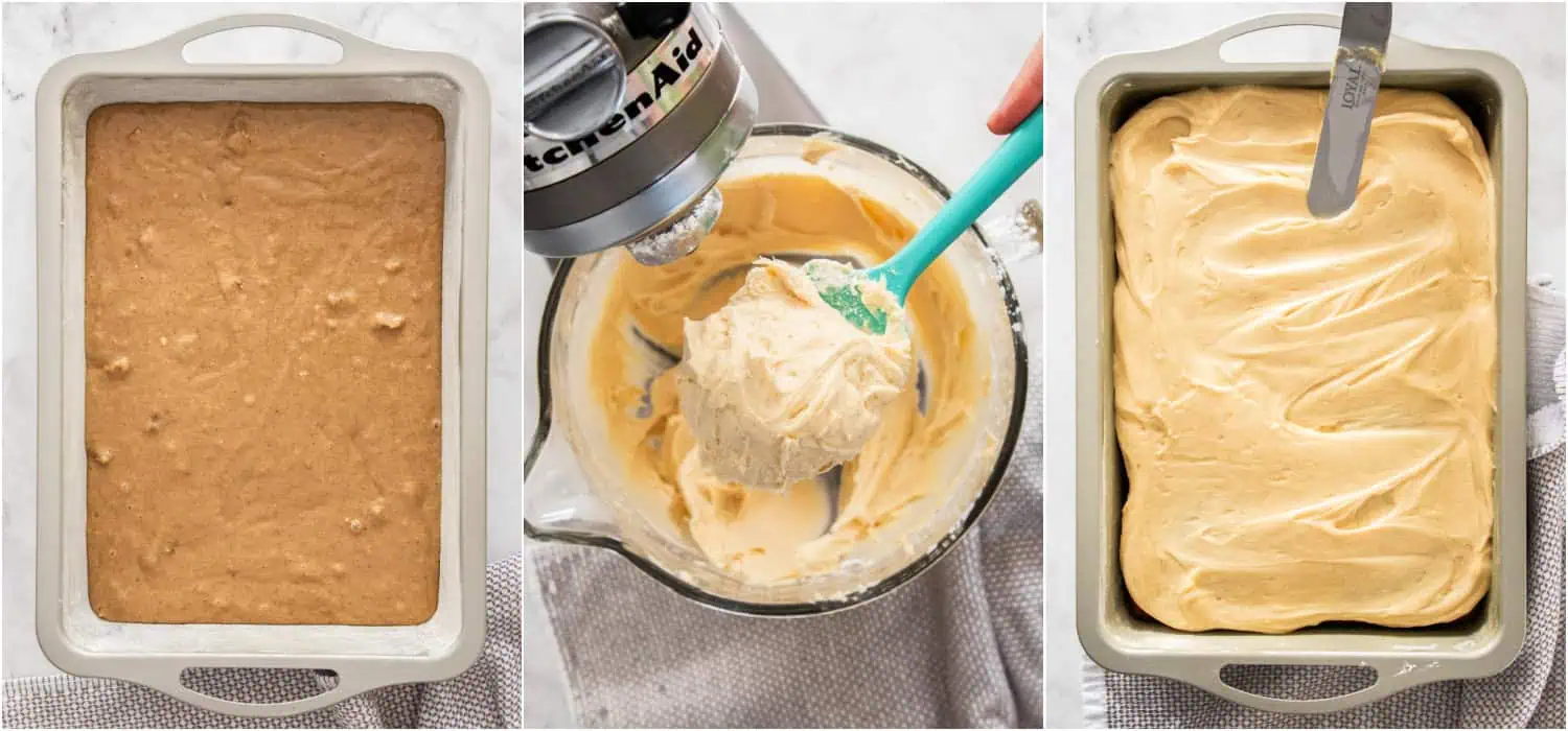 Some of the steps to making applesauce cake. Pour the mixture into a 9×13 baking pan, greased and floured or sprayed with nonstick baking spray. Bake for about 30 minutes or until a toothpick inserted in the center comes out clean. Using a stand mixer with a paddle attachment or a hand-held electric mixer, beat together the butter, cream cheese, cinnamon, salt, and vanilla extract until light, fluffy, and smooth. Turn the mixer to low and gradually add the powdered sugar, beating until well combined. Scrape down the bowl and beaters as needed. Spread on the fully-cooled cake.