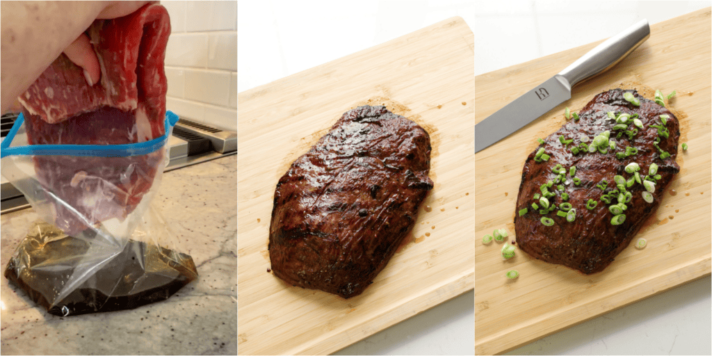 Some of the steps for grilling flank steak. Marinate the flank steak in the refrigerator for at least six hours. 

Preheat the grill to 450 degrees. 
Grill the flank steak for 4-5 minutes on each side without disturbing it or flipping more than once.