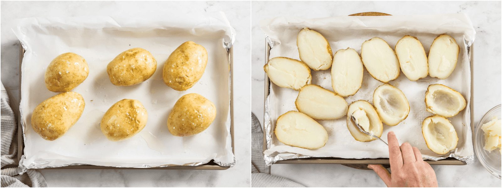 Some of the steps to making baked potato skins. rub them with a bit of canola oil using your hands. Next, sprinkle them with salt, place them on a baking sheet, and bake until they are cooked through and tender. Let them sit and cool for a while. Slice them in half and scoop out the potato flesh, leaving about 1/4 to 1/2 inch of potato around the outside of the potato. 