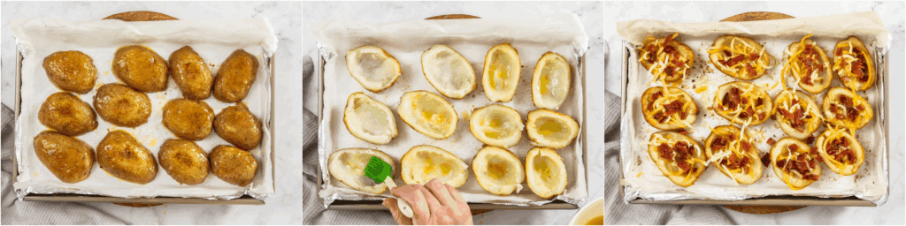 Some of the steps to making potato skins. Melt butter in the microwave or on the stovetop over medium heat. Stir in the garlic powder and onion powder. Brush both sides of the potatoes with the butter mixture. Place them back on the same baking sheet in the oven until browned and crispy, flipping halfway through. evenly divide the cheese between the skins and top them with the bacon. 