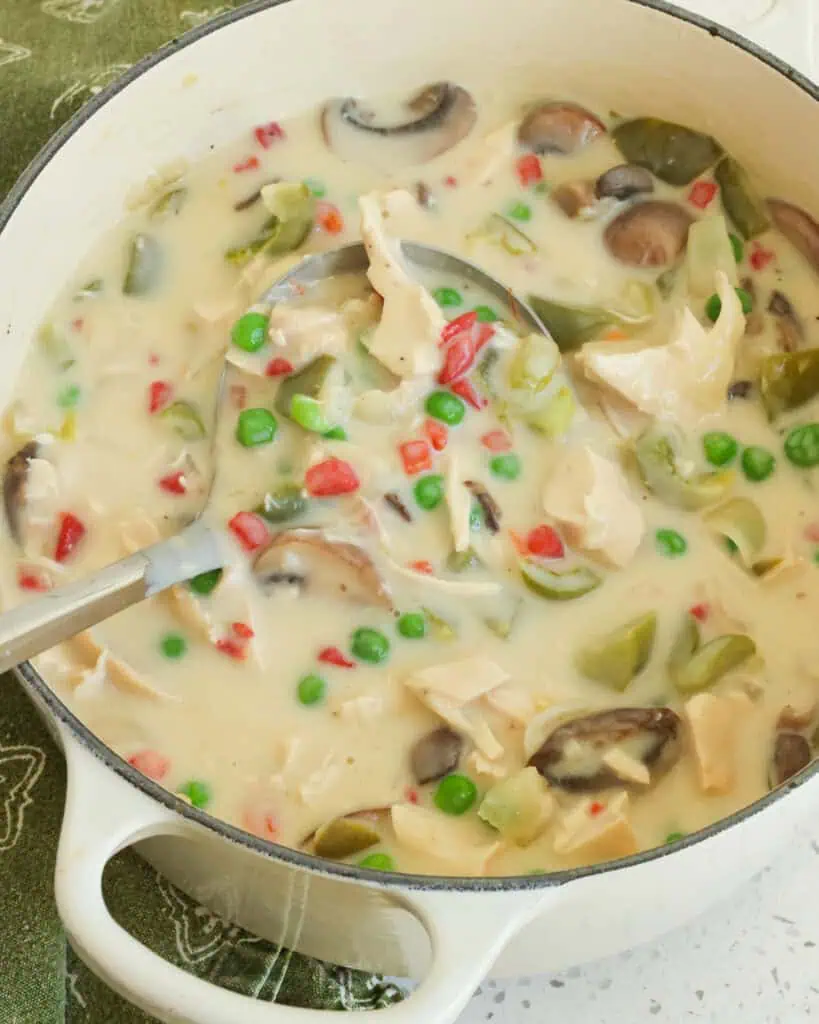 A pot full of chicken a la king with a large ladle in the pot.  