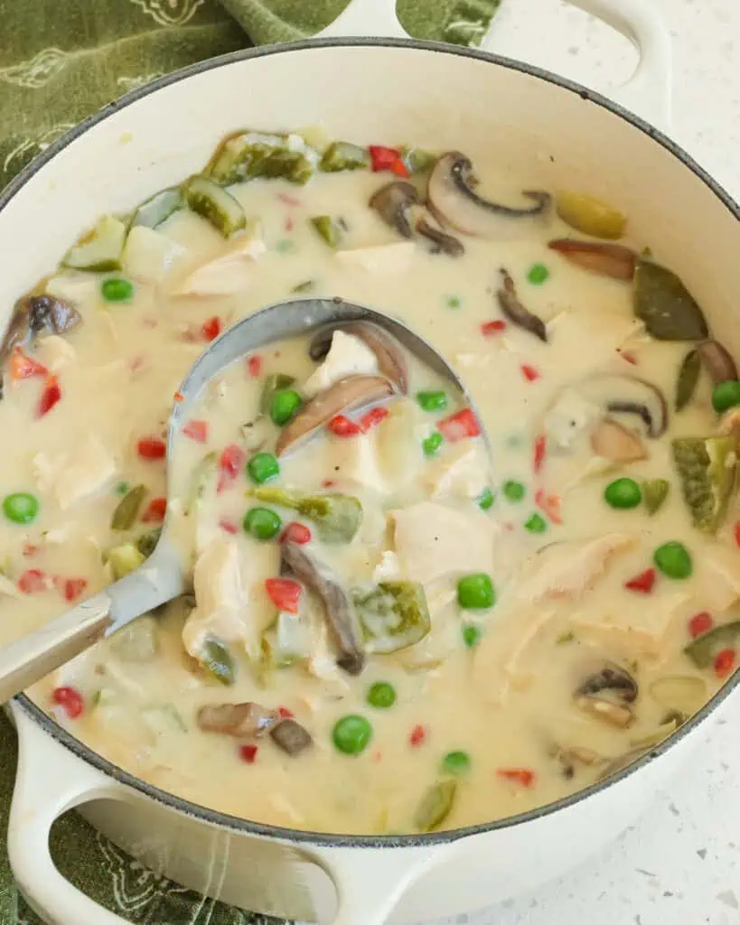 A ladle full of chicken a la king in a pot of chicken a la king. 