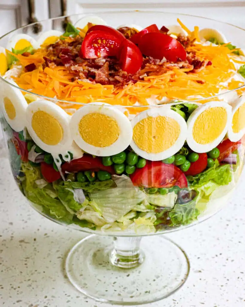 Nicoise salad topped with cheddar, bacon, and tomatoes in a trffle bowl. 