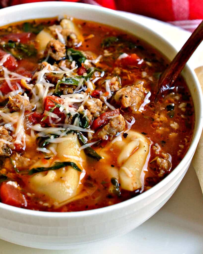 A bowl of cheese tortellini soup wiht a spinkle of Parmesan cheese