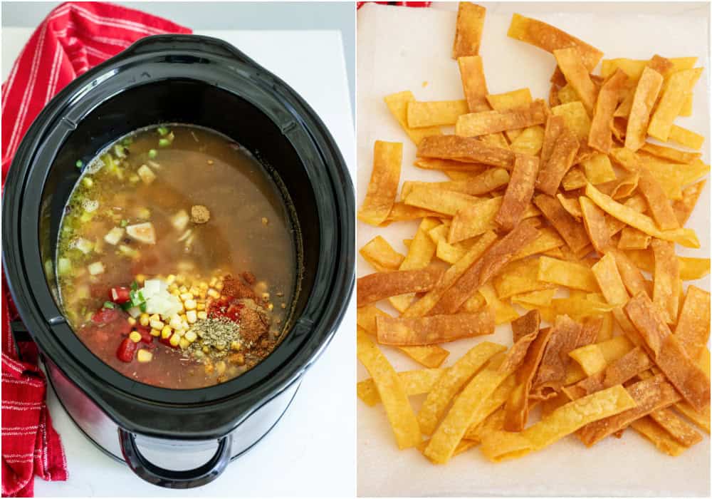 Steps to making crock pot chicken tortilla soup. Add the sauteed vegetables, chicken, chicken broth, tomatoes, black beans, corn, chili powder, ground cumin, smoked paprika, dried oregano, and cayenne pepper to a crock pot. Sprinkle the hot fried tortilla strips with salt to taste.