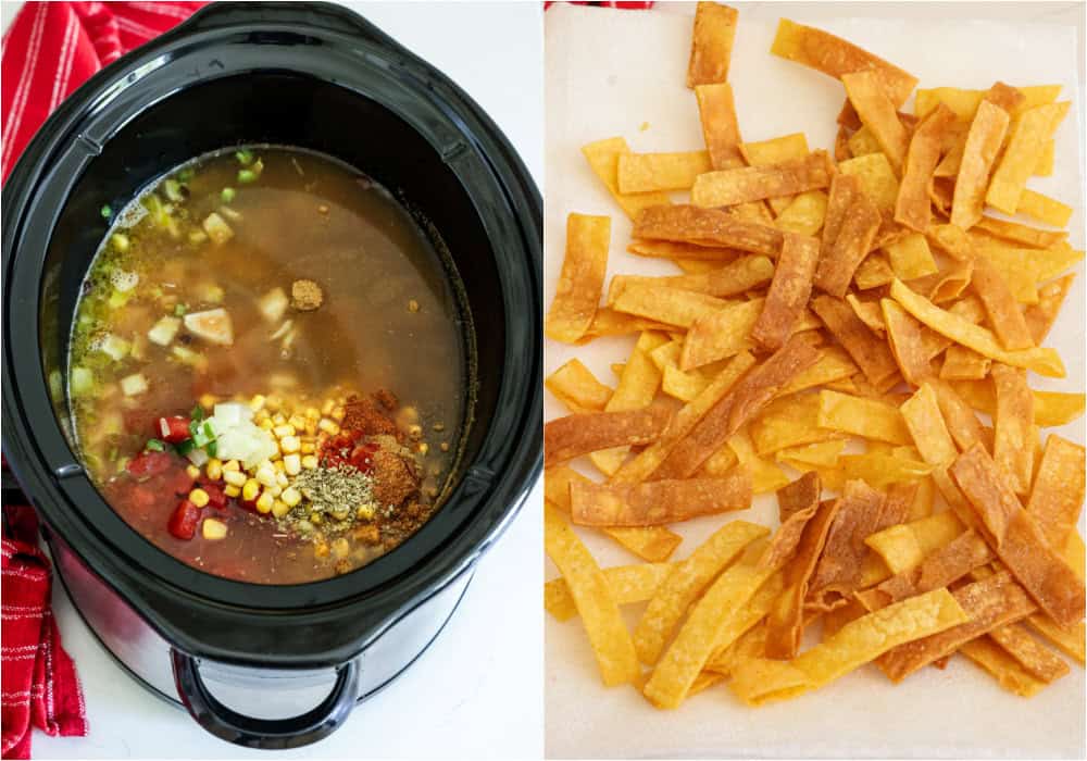 Some of the steps to making crockpot chicken tortilla soup. Add the sauteed vegetables, chicken, chicken broth, tomatoes, black beans, corn, chili powder, ground cumin, smoked paprika, dried oregano, and cayenne pepper to a crock pot. Cover with the lid and cook on low for 4 hours or until the chicken breasts are easily shredable. Meanwhile, cut the tortillas into thin strips and fry them in vegetable oil. Sprinkle the hot fried tortilla strips with salt to taste.