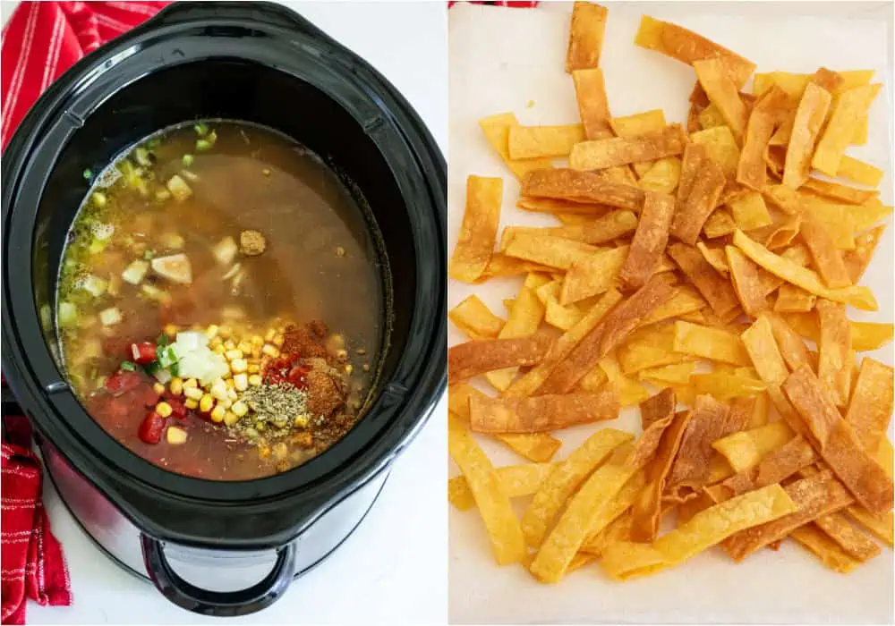 Some of the steps to making crockpot chicken tortilla soup. Add the sauteed vegetables, chicken, chicken broth, tomatoes, black beans, corn, chili powder, ground cumin, smoked paprika, dried oregano, and cayenne pepper to a crock pot. Cover with the lid and cook on low for 4 hours or until the chicken breasts are easily shredable. Meanwhile, cut the tortillas into thin strips and fry them in vegetable oil. Sprinkle the hot fried tortilla strips with salt to taste.