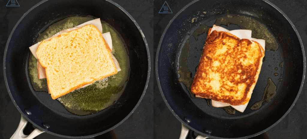 Some of the steps to making monte cristo sandwiches. fry them in the butter, turning to brown on both sides; melt the cheese; and heat the ham and turkey.