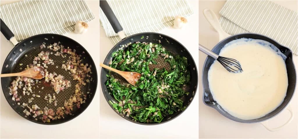 The steps to making creamed spinach. Saute the shallots, garlic, and spinach. Make the cream sauce.