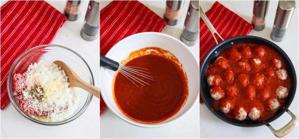 The steps to making porcupine meatballs. Mix the ground beef, rice, egg, onion, garlic, salt, and black pepper in a bowl. Roll the mixture into meatballs and place them in a large skillet.
Whisk the tomato sauce, crushed tomatoes, Worcestershire sauce, brown sugar, and water in a large bowl. Pour it over the meatballs, cover, and simmer