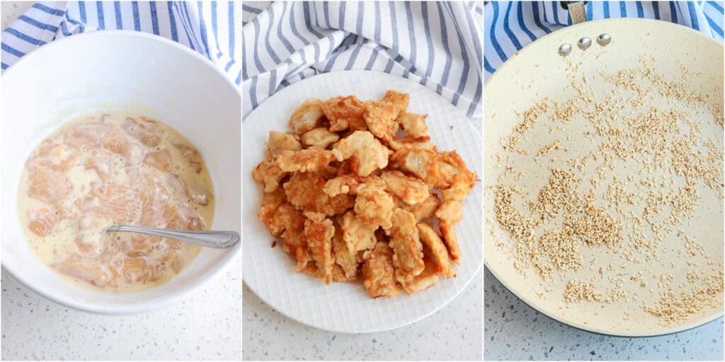 Some of the steps to making sesame chicken. Coat the chicken in a cornstarch egg mixture. Deep fry the chicken in hot oil until golden brown and crispy. Remove the chicken to paper towels to drain. Toast the sesame seeds in a dry skillet over medium heat.