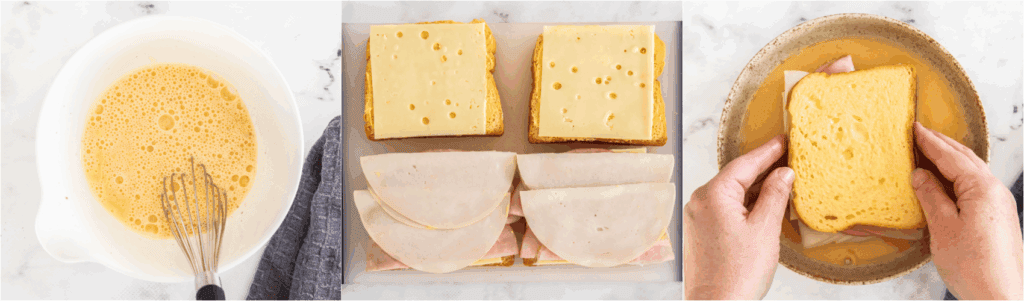 Some of the steps to make monte cristo sandwiches. First, whisk the eggs, milk, nutmeg, and salt together. Assemble the sandwiches and melt some butter in a skillet over medium heat. Dip both sides of the sandwiches in the egg mixture.