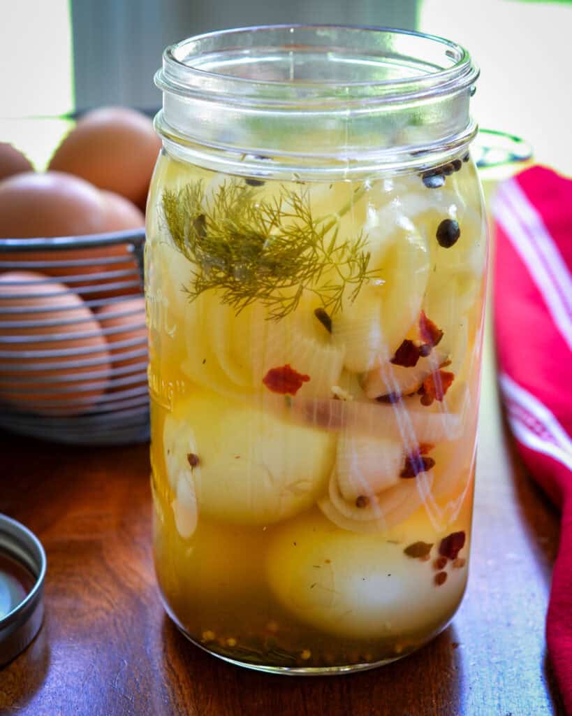 How to Pickle Eggs The side view of a large glass jar filled with pickled eggs, pickling spices, dill sprigs, and peppercorns.