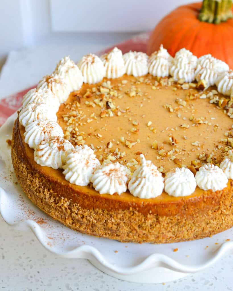 How to Make Pumpkin Cheesecake A whole pumpkin cheesecake on a stand with a pumpkin in the background.