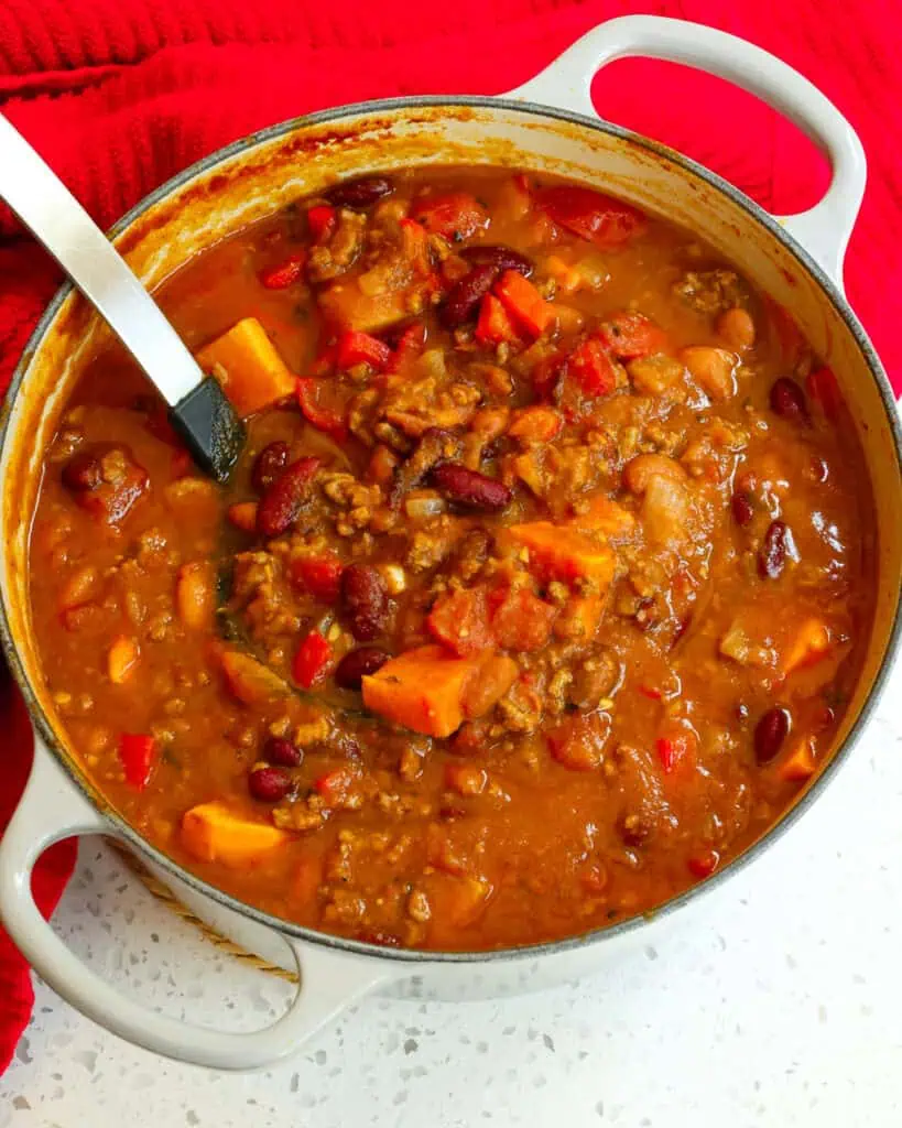 A Dutch oven and a ladle full of pumpkin chili. 