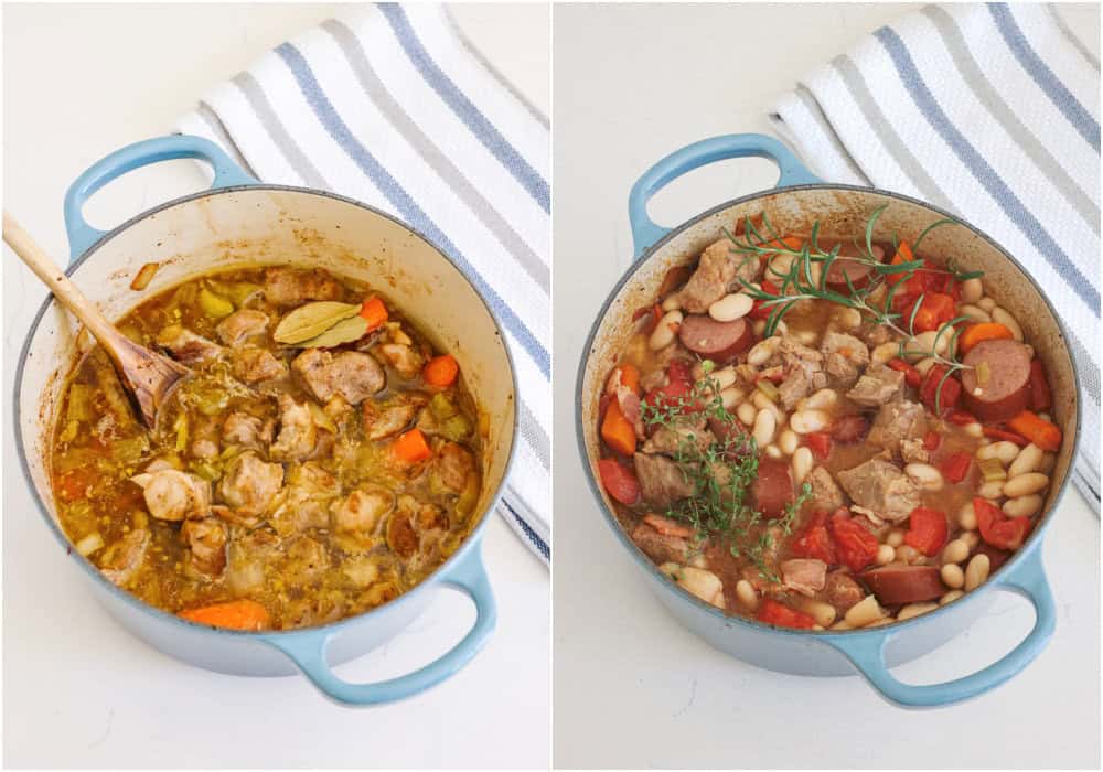 The steps to making cassoulet. Add the chicken broth, bay leaves, and cooked vegetables to the skillet. Cover the pot and place it in the oven for about an hour.
Remove the pot from the oven, and add the thyme, rosemary, apple cider vinegar, diced tomatoes, and cannellini beans.
