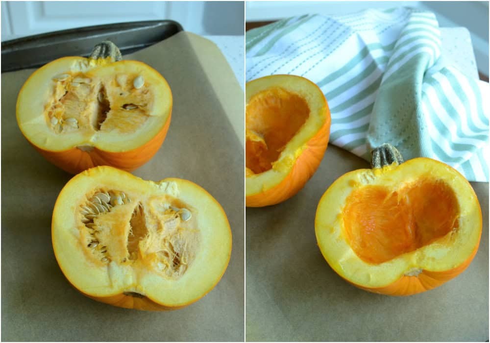 Using a sharp knife, carefully cut the pumpkin in half from stem to base. Remove the pumpkin seeds, strings, and loose pulp. Brush the edges and inside of the pumpkin with a bit of olive oil or vegetable oil. 