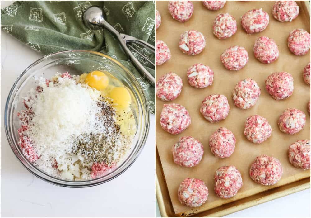 Combine the ground beef, Italian sausage, breadcrumbs, onion, garlic, eggs, Parmesan cheese, Italian seasoning, kosher salt, and black pepper in a large bowl. Gently mix it with your clean hands or a spoon.