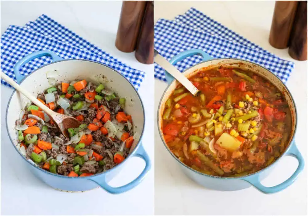 Some of the steps to making hamburger soup. When the ground beef is about halfway done browning, add the onions, carrots, and celery. Continue cooking until the beef is fully browned and the onions and celery are soft. Drain any excess grease from the pot. Reduce the heat to low and stir in the oregano, basil, garlic powder, and onion powder. Cook for about 1 minute, stirring constantly. Add the vegetable stock, potatoes, and green beans, and bring the mixture to a boil. Simmer for 20 minutes. Add the fire-roasted diced tomatoes and corn. 