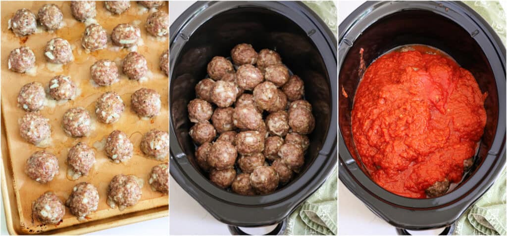 Bake the meatballs and transfer them to a crock pot. Pour the marinara and crushed tomatoes over the meatballs.