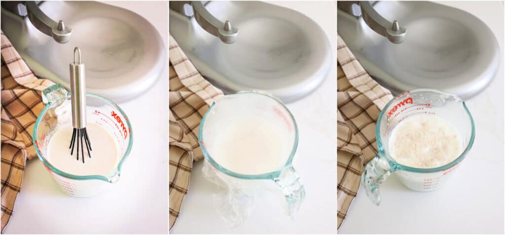 Warm the milk in the microwave until 110 degrees. Use a digital food thermometer to read the temperature after you warm it. Gently whisk the milk, yeast, and a tablespoon of honey. Cover with the measuring cup or bowl with plastic wrap and let it be for about 7-10 minutes for the yeast to bloom.