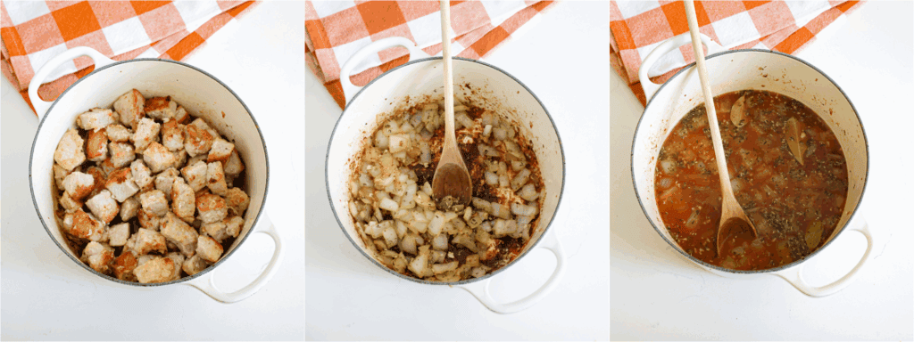 Some of the steps for making pork stew. Brown the pork and remove the pork to a plate. Then heat a little more vegetable oil and cook the onions until soft. Next, reduce the heat to low and add the garlic, marjoram, rosemary, and thyme, cooking for 1 minute. Add the chicken broth, scraping the bottom of the pot to remove those delicious brown bits.