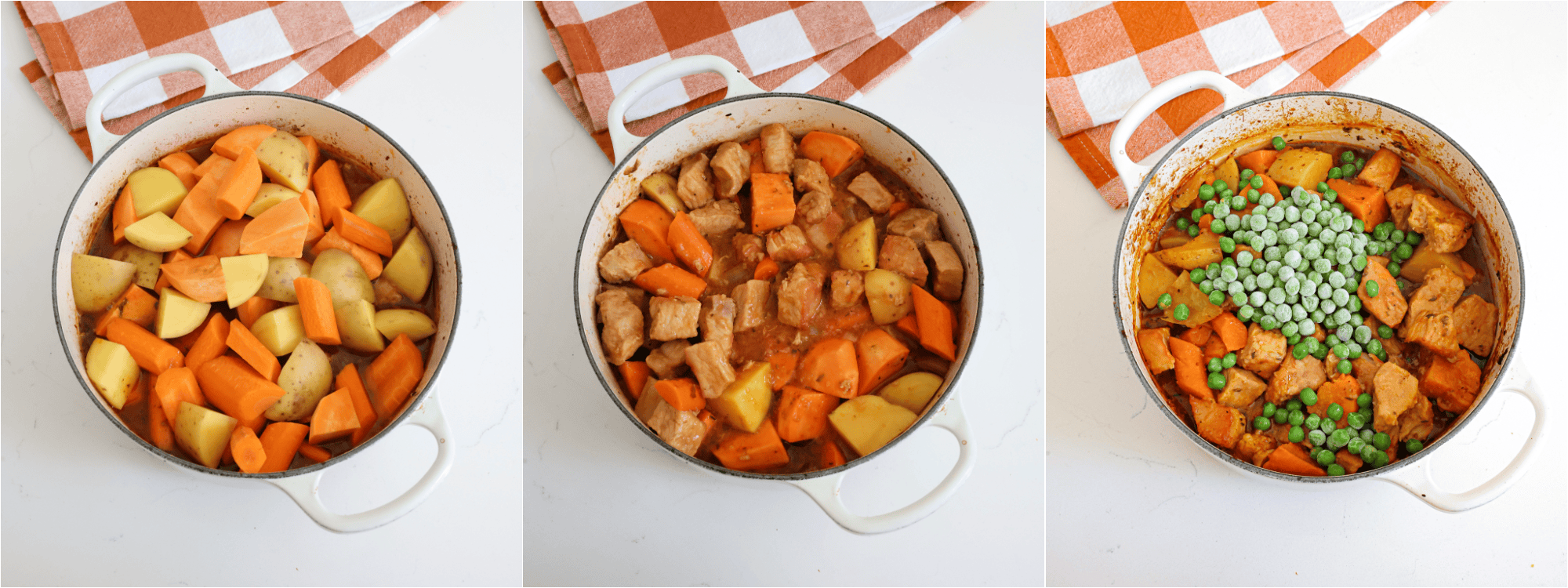 Some of the steps for making pork stew. Take the pot out of the oven and add the carrots, potatoes, and sweet potatoes. Cover and bake for about 45 minutes. Remove the pot from the oven and add the peas. Cook for 10-15 more minutes or until the pork, carrots, potatoes, and sweet potatoes are fork-tender.