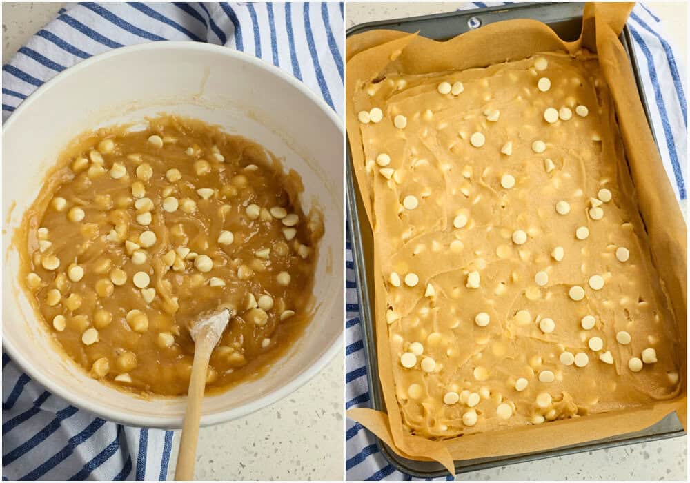 Combine the dry ingredients with the wet ingredients, stirring until combined. Fold in the chocolate and nuts if using. Spoon the batter into the prepared pan. Sprinkle the top with a few more white chocolate chips.