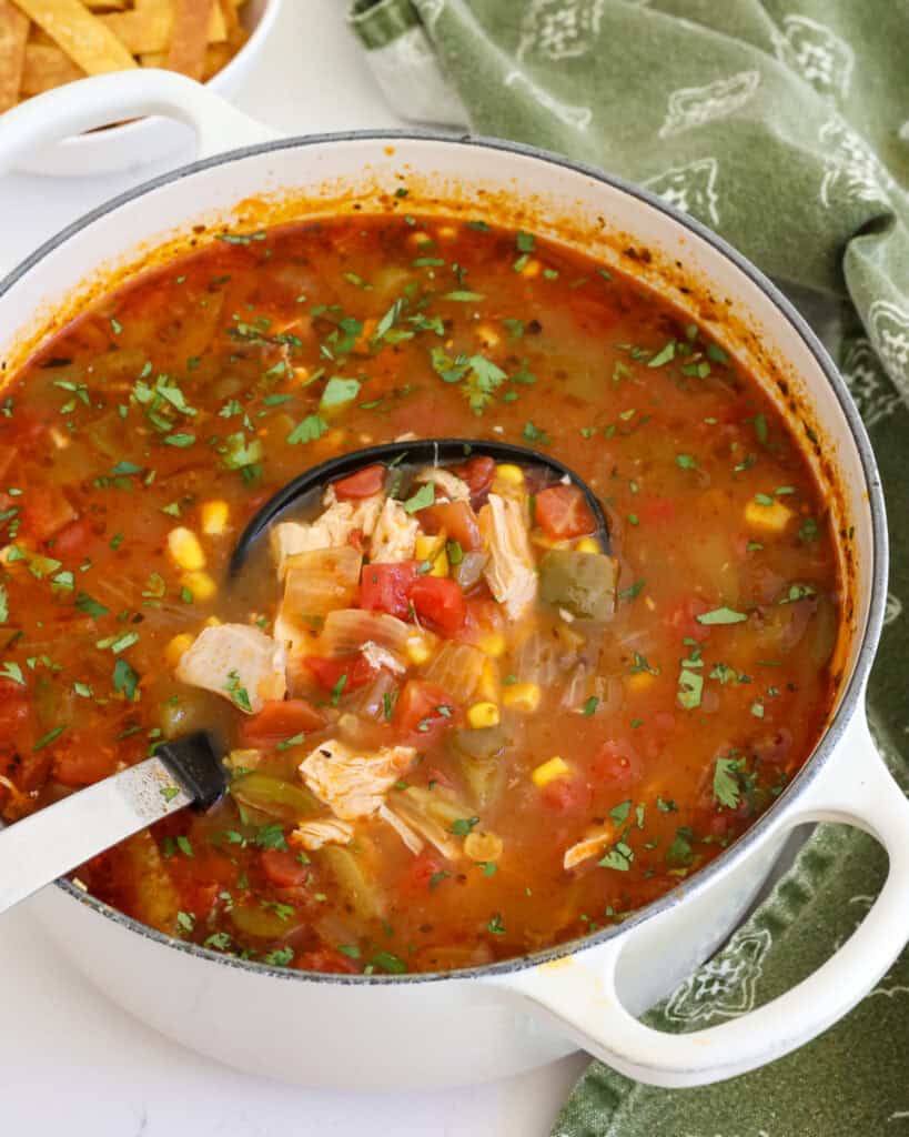 A Dutch oven full of chicken enchilada soup. 