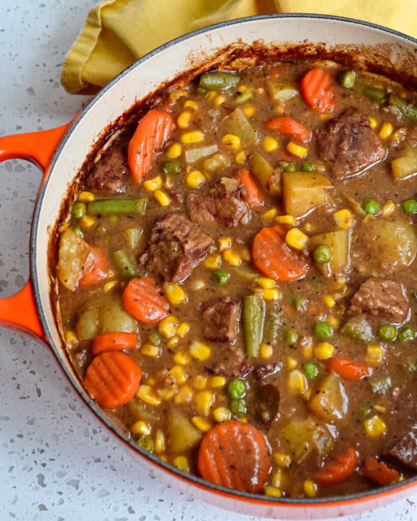 Mulligan Stew A Dutch oven full of Mulligan stew.