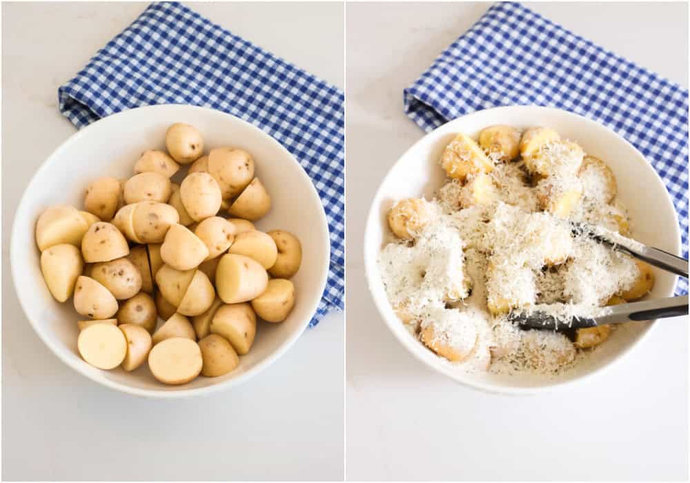 Mix the potatoes, olive oil, ranch seasoning, and Parmesan cheese in a large bowl.