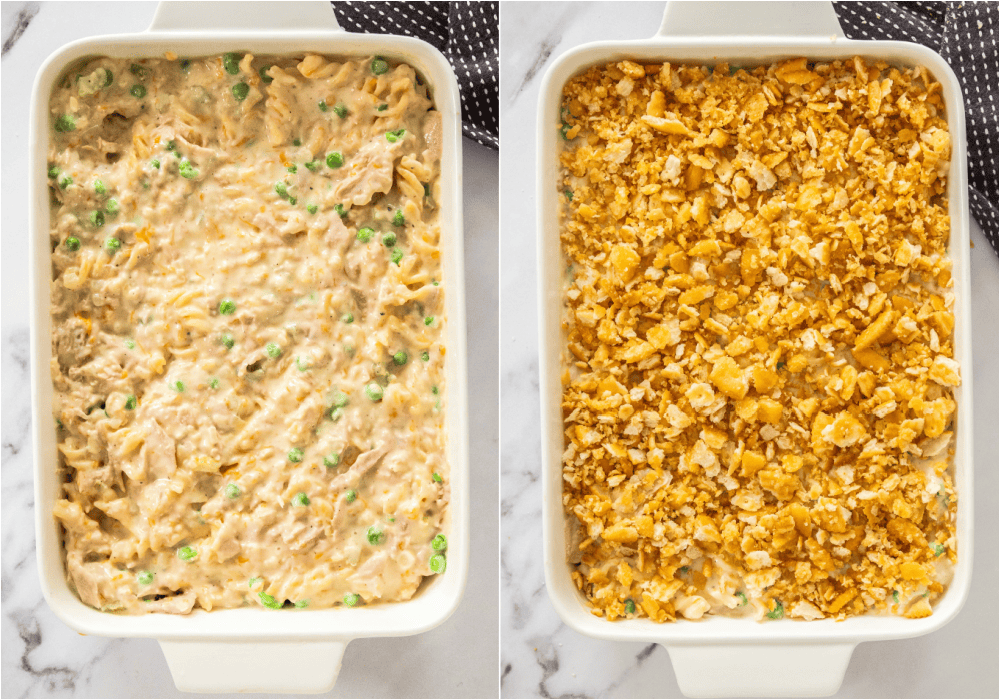Some the steps to making tuna noodle casserole. Transfer the mixture to a casserole dish. 
Combine the crackers and melted butter, and sprinkle the mixture evenly over the dish.