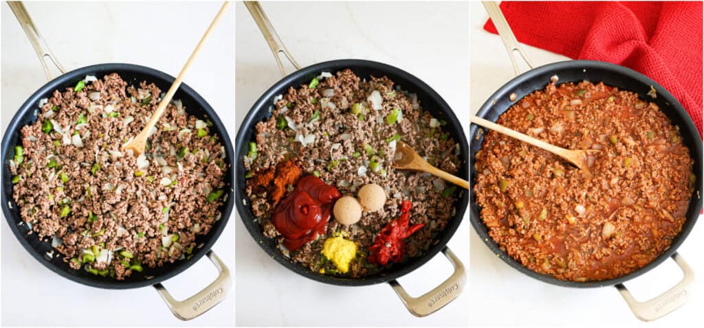 The steps to making sloppy joe casserole. Brown the ground beef and cook the onions and peppers. Stir in the apple cider vinegar, mustard, Worcestershire sauce, brown sugar, tomato paste, ketchup, barbecue sauce, beef broth, and chili powder. Simmer the meat mixture for about 20 minutes over low heat.