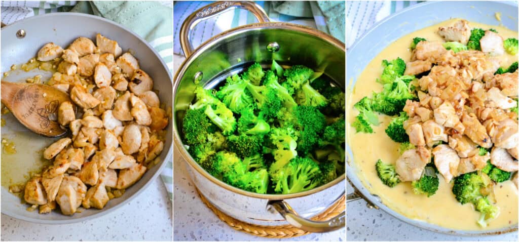 Some of the steps to making chicken broccoli rice casserole. Brown the chicken, steamthe broccoli, make the cheesse sauce and add the broccoli and chicken. 