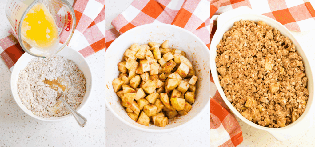 The steps to making apple crumble. Now, stir together the rolled oats, flour, brown sugar, salt, and cinnamon in a medium bowl. Slowly stir in the melted butter with a fork until crumbly. Sprinkle the mixture over the apples.