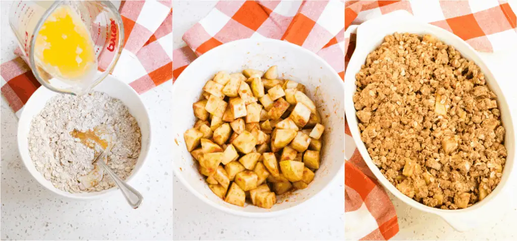 The steps to making apple crumble. Now, stir together the rolled oats, flour, brown sugar, salt, and cinnamon in a medium bowl. Slowly stir in the melted butter with a fork until crumbly. Sprinkle the mixture over the apples.