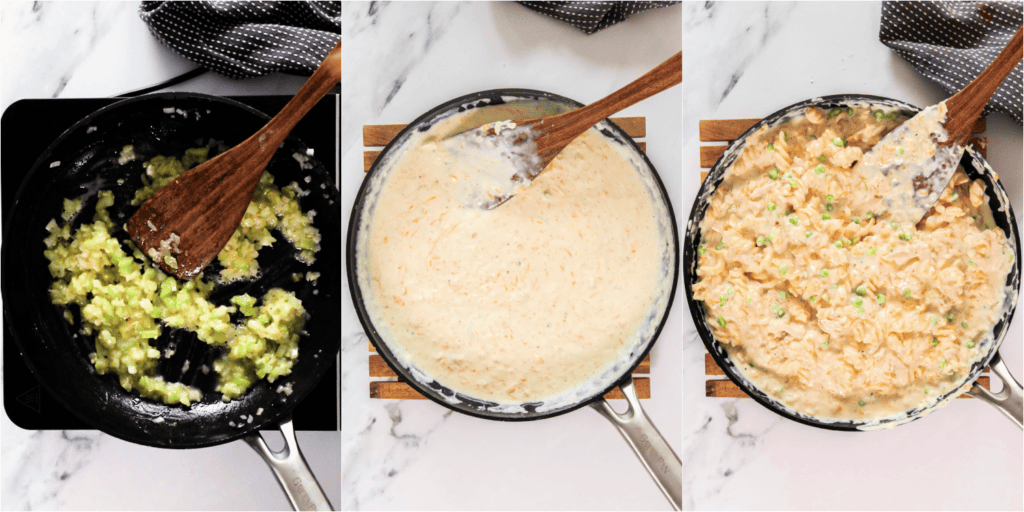 Some of the steps to making tuna noodle casserole. Cook the onions and celery. Reduce the heat to low and add the garlic. 
Sprinkle flour over the vegetables and cook for a couple of minutes. 
Stir in the milk and simmer. Season with salt and pepper to taste. Remove the skillet from the heat and stir in the cheese and sour cream. Stir in the tuna, peas, and cooked noodles.