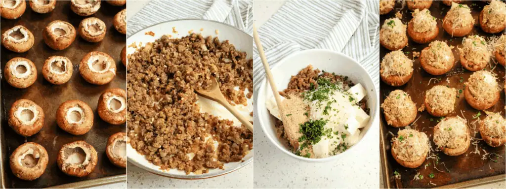 Some of the steps for making sausage stuffed mushrooms. Brown the sausage. When the sausage is about halfway browned, add the chopped onion and cook until the sausage is brown and the onion is tender. Drain and discard any excess grease. Reduce the heat to low and add the garlic, marjoram, sea salt, and fresh ground black pepper. Add the sausage mixture to a large bowl with the cream cheese, Parmesan cheese, breadcrumbs, and most of the parsley. Stir to combine and spoon the sausage mixture into the mushroom caps. Bake for about 20 minutes.