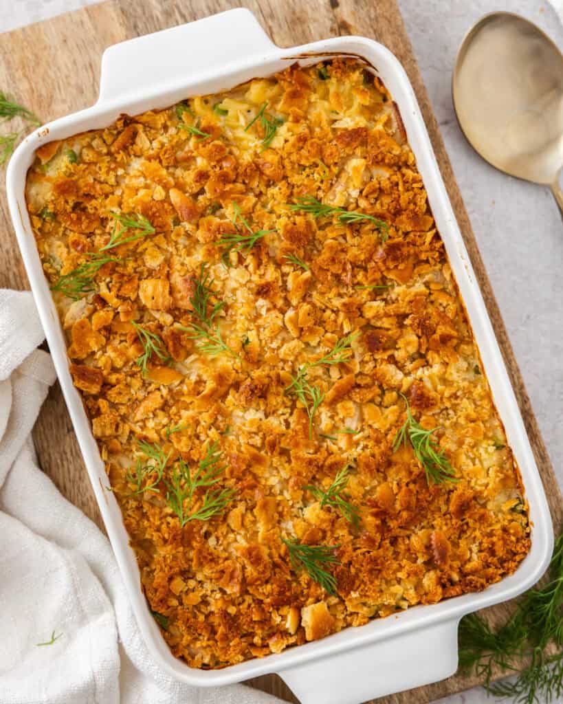 An overhead view of baked tuna noodle casserole. 