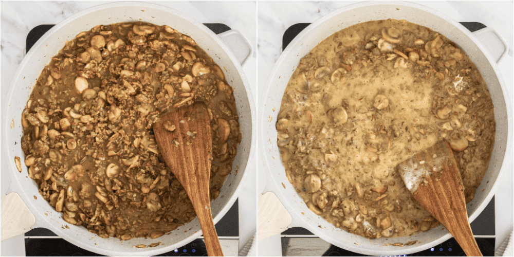 Some of the steps to making ground beef stroganoff. Add the beef broth, Worcestershire sauce, and Dijon mustard, and stir to combine. Simmer over low heat. Stir in the sour cream.