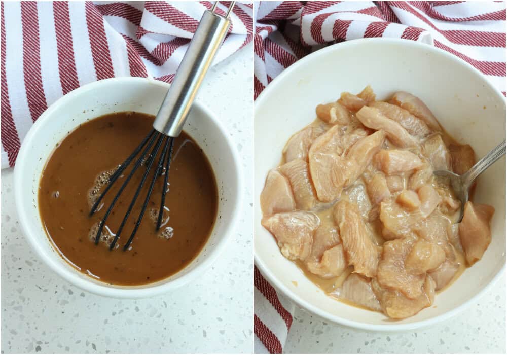 Some ot the steps to making black pepper chicken. First, whisk the chicken broth, 1/3 cup low-sodium soy sauce, Shaoxing Wine, brown sugar, cornstarch, and fresh ground black pepper in a small bowl. Set the bowl aside for a little bit. Then, combine the chicken, 2 tablespoons low-sodium soy sauce, and cornstarch in a medium bowl. Cut the vegetables while the chicken is marinating.