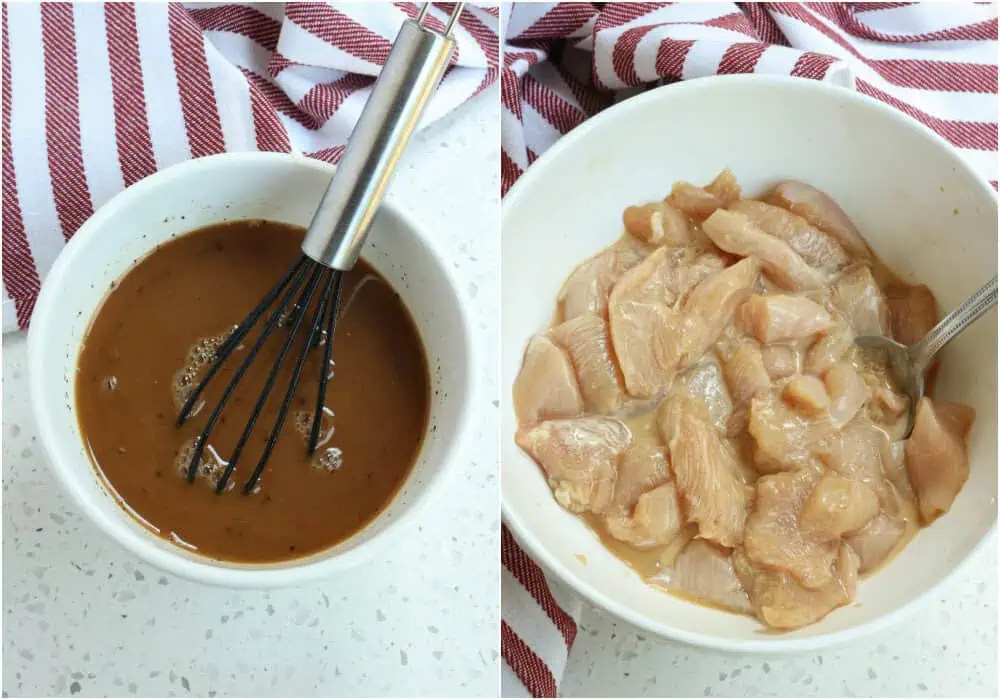 Some ot the steps to making black pepper chicken. First, whisk the chicken broth, 1/3 cup low-sodium soy sauce, Shaoxing Wine, brown sugar, cornstarch, and fresh ground black pepper in a small bowl. Set the bowl aside for a little bit. Then, combine the chicken, 2 tablespoons low-sodium soy sauce, and cornstarch in a medium bowl. Cut the vegetables while the chicken is marinating.
