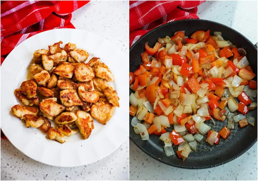 Some of the steps to making black pepper chicken. Heat a bit of vegetable oil in a large skillet over medium-high heat. Using tongs, remove the chicken from the marinade and add it to the skillet in a single layer, cooking until golden brown and cooked through, flipping once. Add the onion and red bell pepper, cooking for several minutes until crisp-tender. Reduce the heat to low and add the minced garlic and grated ginger, cooking for 1 minute while stirring continuously. 