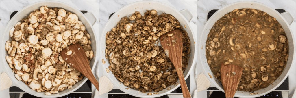 Some of the steps for making ground beef stroganoff. In a large skillet over medium heat, brown the ground beef. Halfway through, add the butter, onions, and mushrooms. Continue cooking until the beef is cooked through and the mushrooms have browned. Reduce the heat to low, add the garlic, thyme, and parsley. Sprinkle the beef mixture with flour and cook for a couple of minutes.