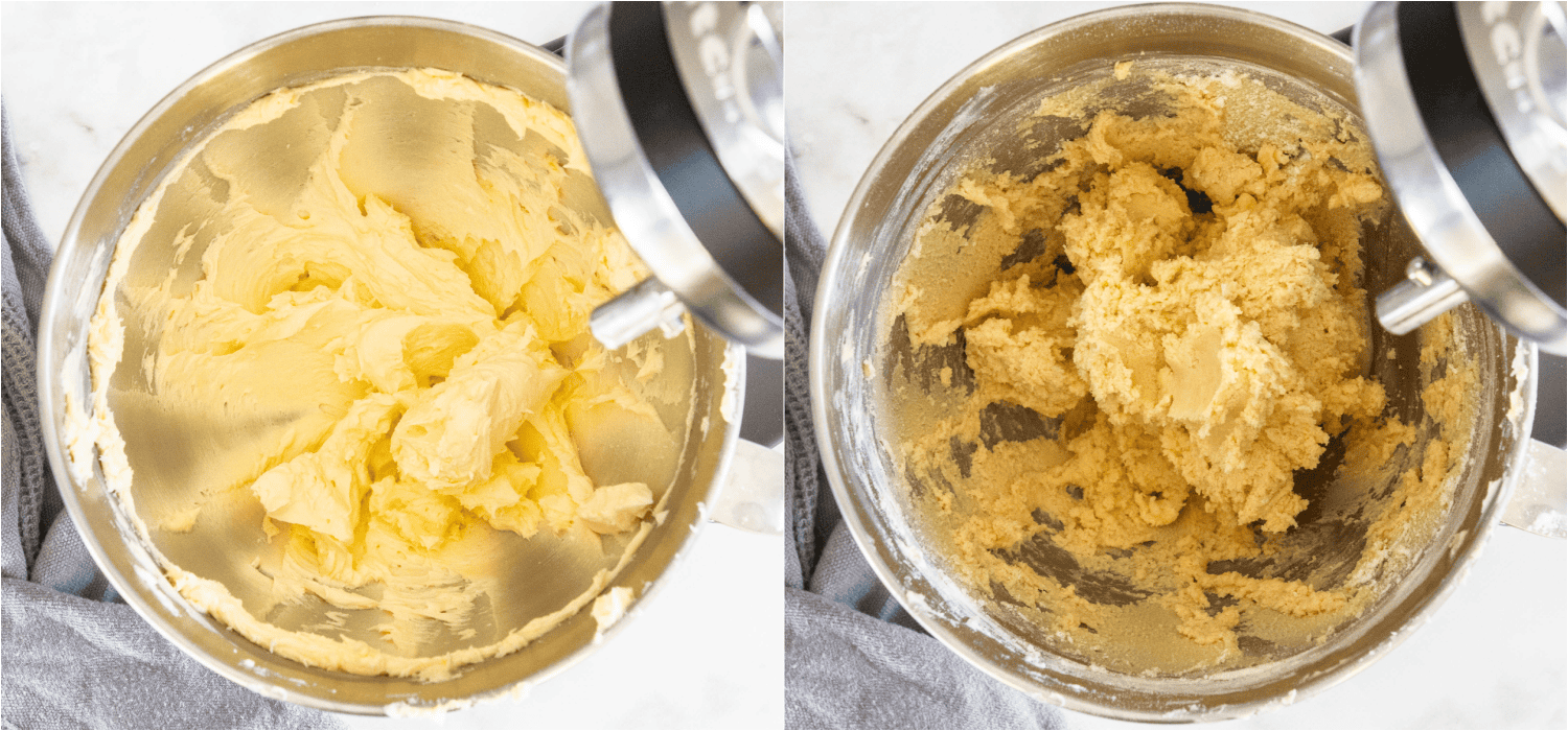Some of the steps to making spritz cookies. Cream the butter and powdered sugar with an electric mixer in a large bowl until light and fluffy. Add the egg, almond extract, vanilla extract, and salt. Mix until combined.
Turn the mixer to low and add the flour, mixing until incorporated.